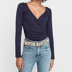 NWT Express Dar Navy Ruched Wrap Front Long Sleeve Women’s Top Evening Feminine